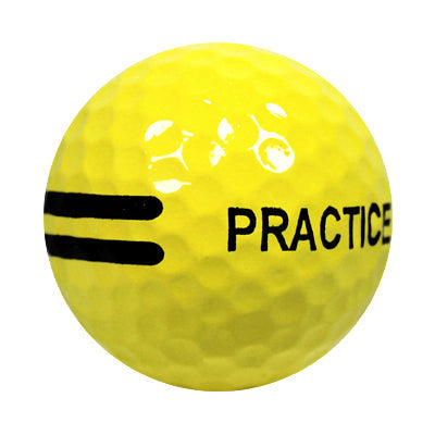 Yellow golf ball with black stripe and PRACTICE printed on it